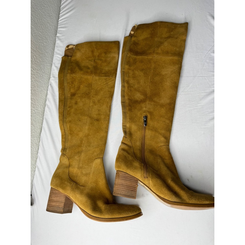 Marc Fisher Tan Suede Knee High Boots Block Heel Almond Toe Brown Womens